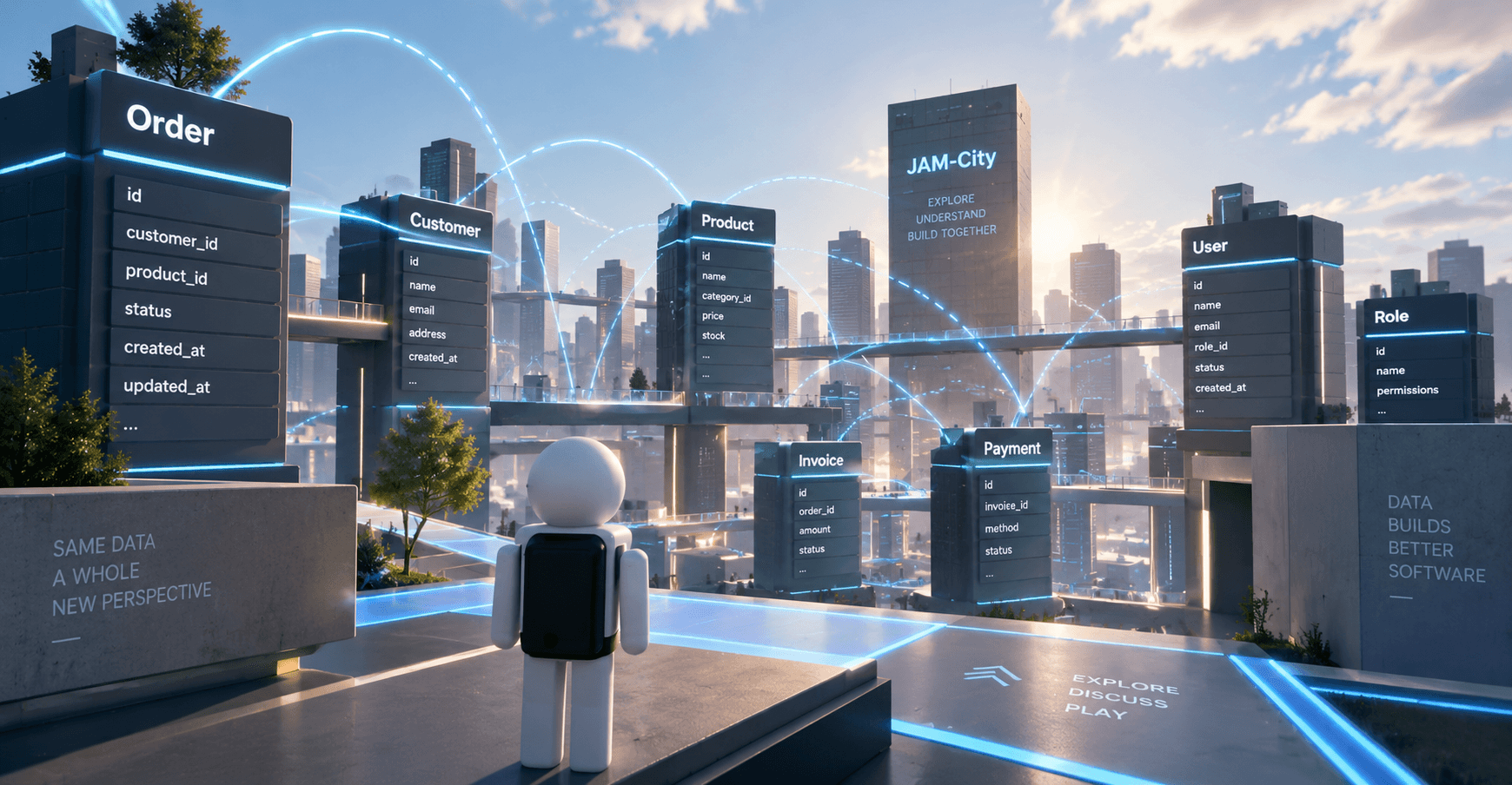3D-visualisatie van JAM-City waarin een datamodel als virtuele stad wordt weergegeven.
