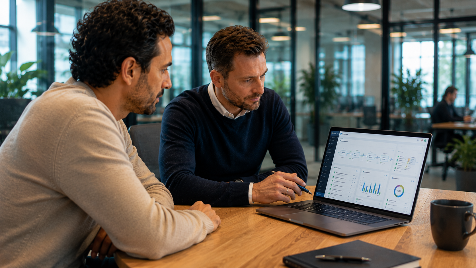 Twee professionals bespreken een softwaredashboard op een laptop, met aandacht voor beheerbaarheid van AI-assisted development.