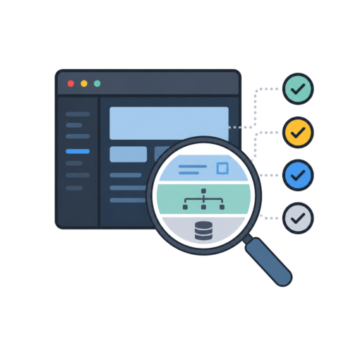 Transparante illustratie van een applicatie audit met vergrootglas, checklist en software-interface.
